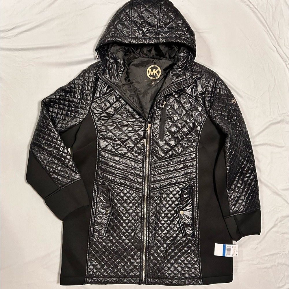 Women’s Michael Kors Puffer Jacket Bubble Moto Coat, Black, Hooded